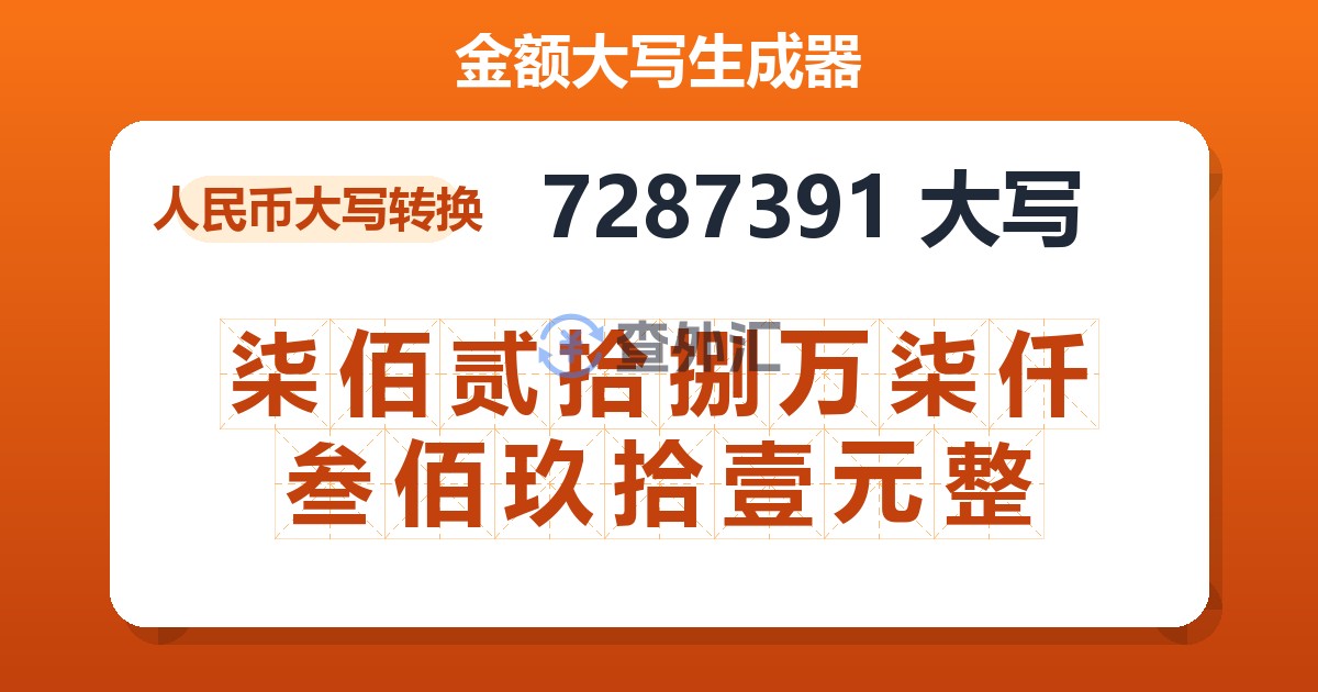 7287391大写 柒佰贰拾捌万柒仟叁佰玖拾壹元整