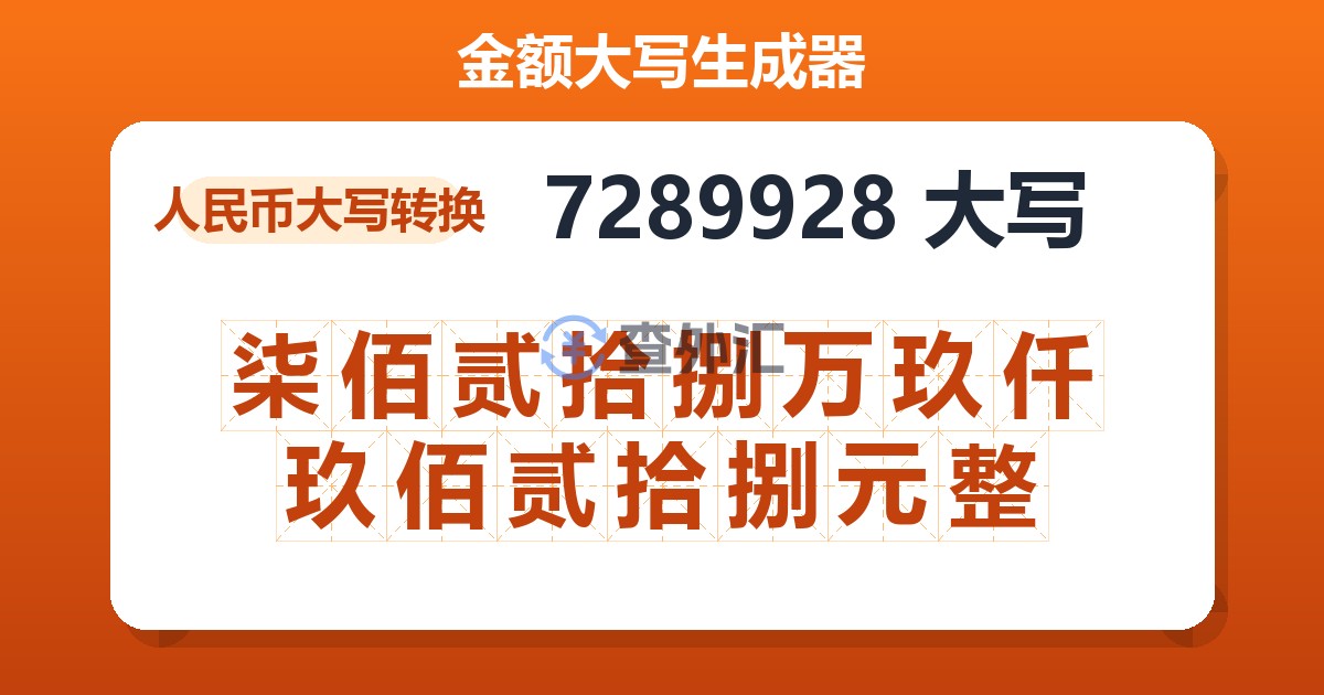 7289928大写 柒佰贰拾捌万玖仟玖佰贰拾捌元整