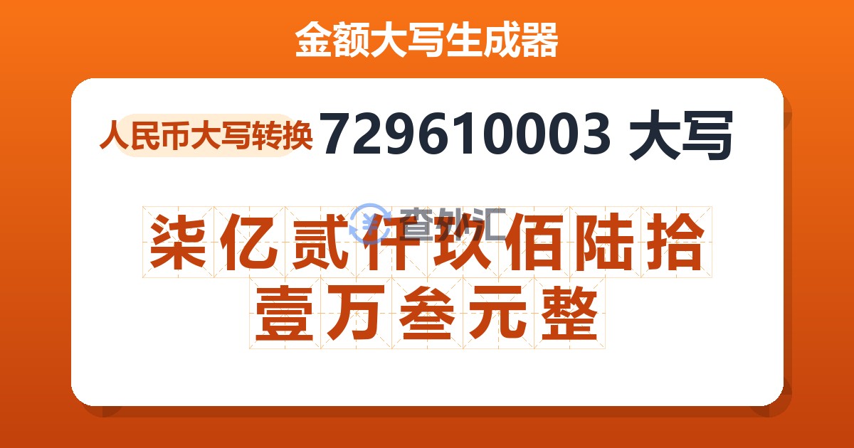 729610003大写 柒亿贰仟玖佰陆拾壹万叁元整