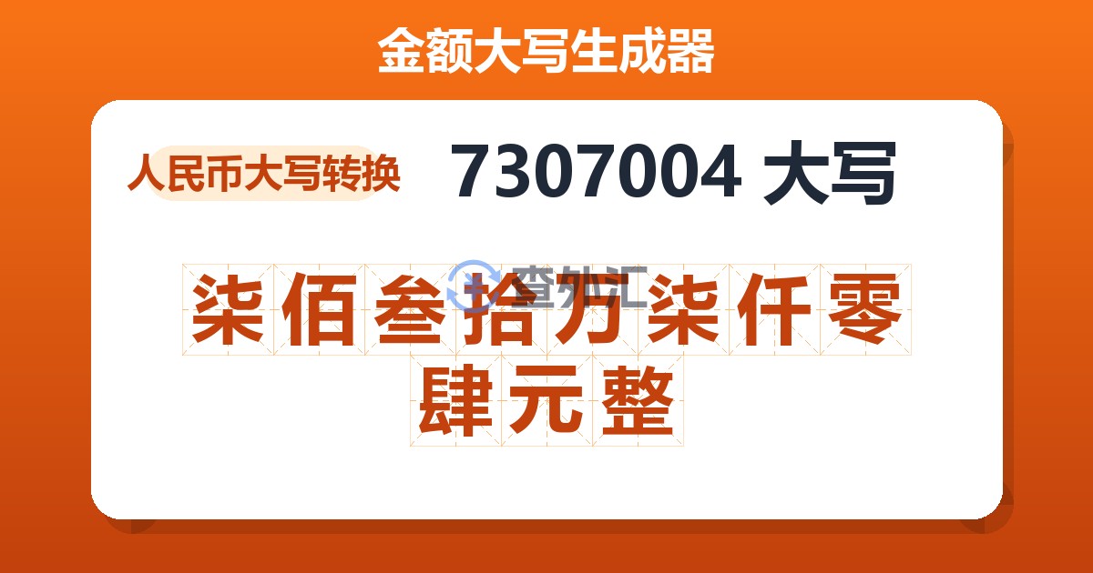 7307004大写 柒佰叁拾万柒仟零肆元整