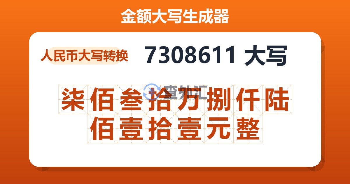 7308611大写 柒佰叁拾万捌仟陆佰壹拾壹元整