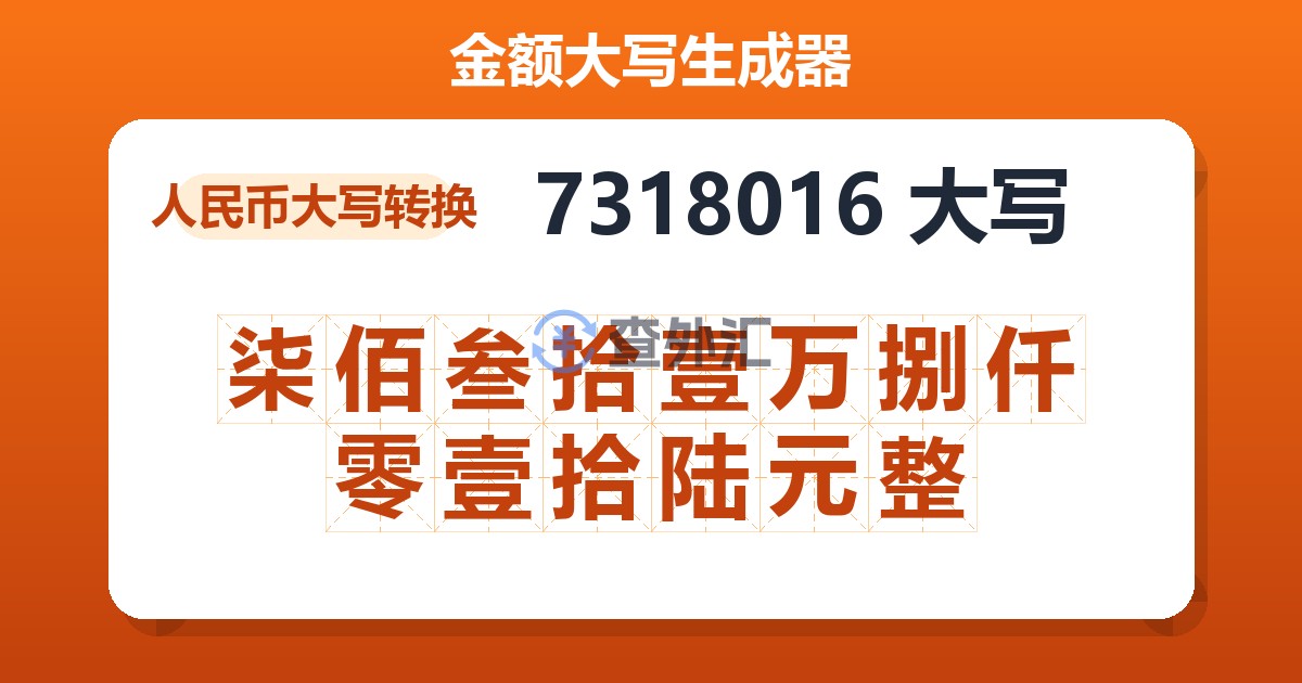 7318016大写 柒佰叁拾壹万捌仟零壹拾陆元整