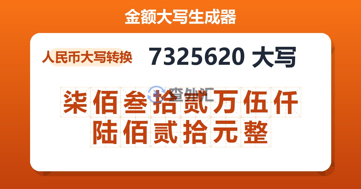 7325620大写 柒佰叁拾贰万伍仟陆佰贰拾元整