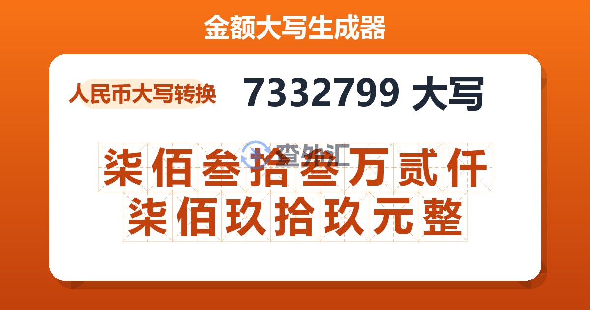 7332799大写 柒佰叁拾叁万贰仟柒佰玖拾玖元整