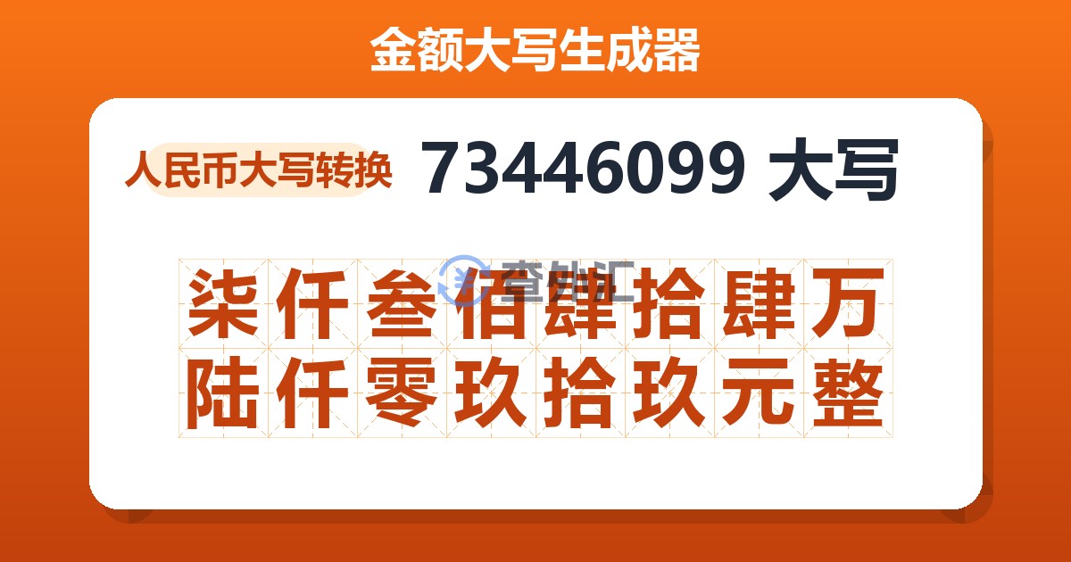 73446099大写 柒仟叁佰肆拾肆万陆仟零玖拾玖元整