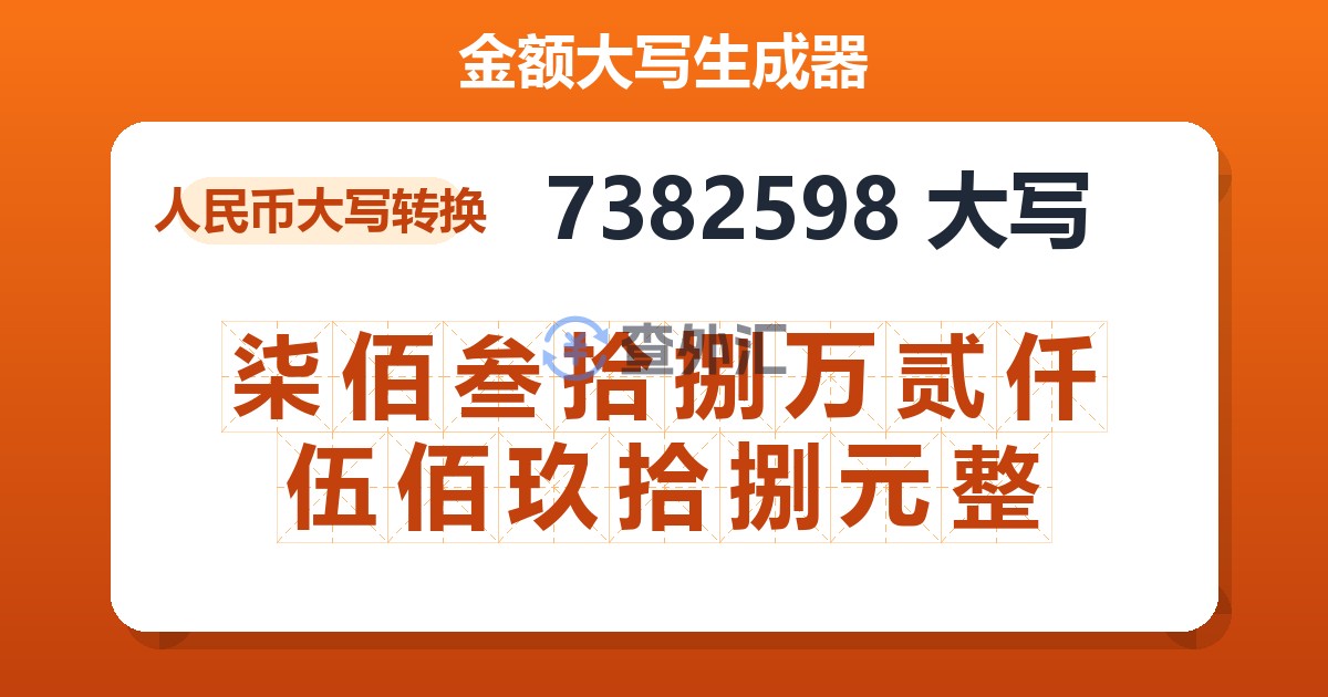 7382598大写 柒佰叁拾捌万贰仟伍佰玖拾捌元整