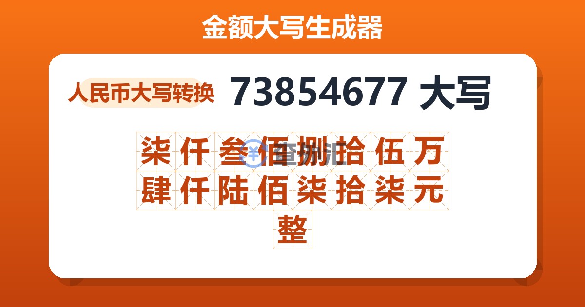 73854677大写 柒仟叁佰捌拾伍万肆仟陆佰柒拾柒元整