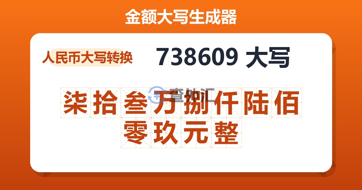 738609大写 柒拾叁万捌仟陆佰零玖元整