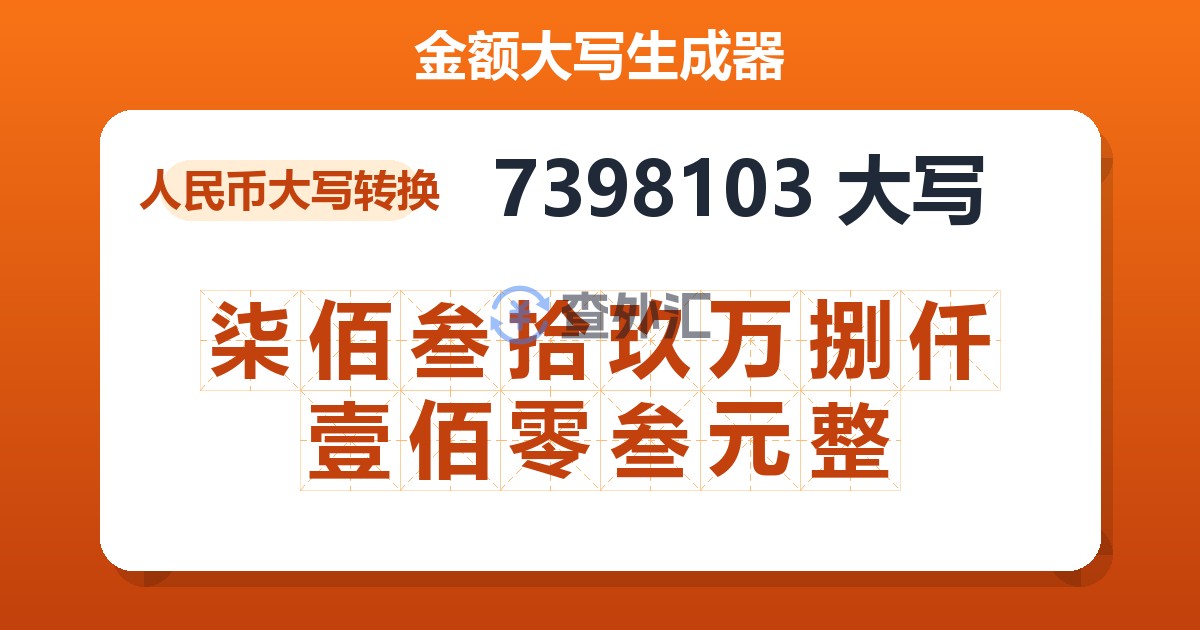 7398103大写 柒佰叁拾玖万捌仟壹佰零叁元整