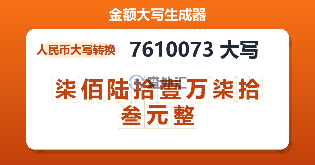 7610073大写 柒佰陆拾壹万柒拾叁元整