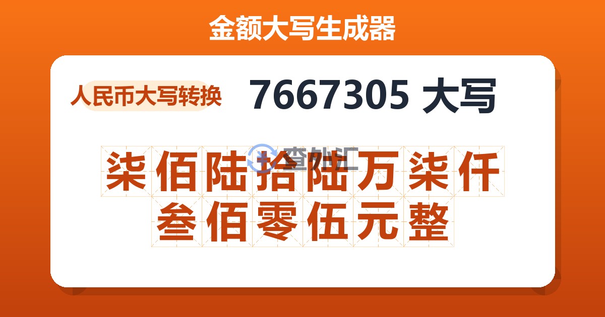 7667305大写 柒佰陆拾陆万柒仟叁佰零伍元整