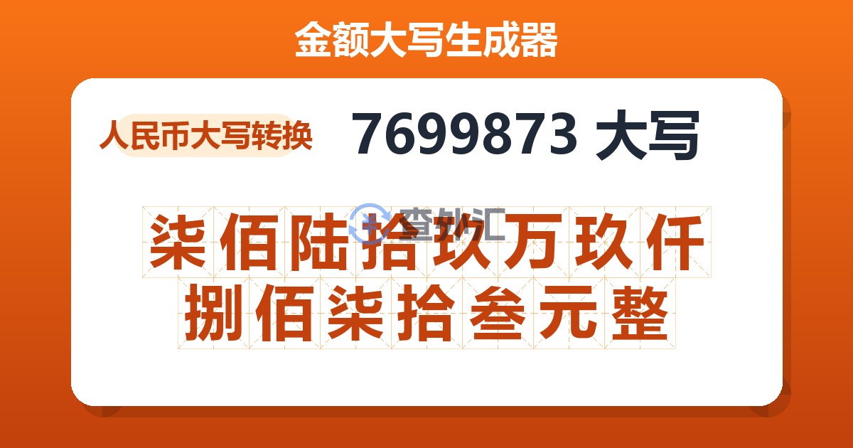 7699873大写 柒佰陆拾玖万玖仟捌佰柒拾叁元整