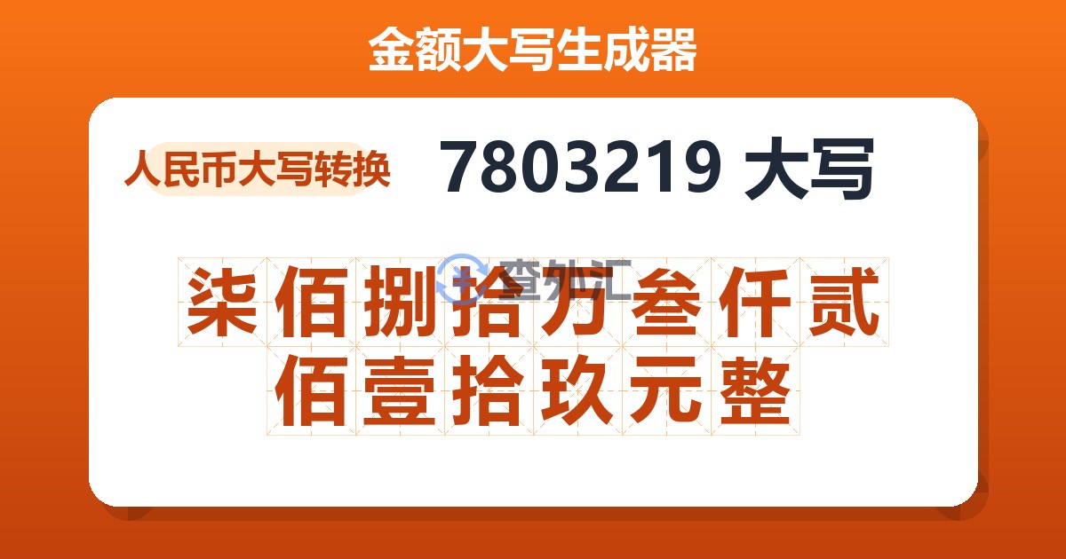 7803219大写 柒佰捌拾万叁仟贰佰壹拾玖元整