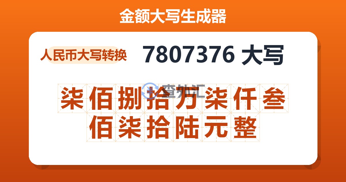 7807376大写 柒佰捌拾万柒仟叁佰柒拾陆元整