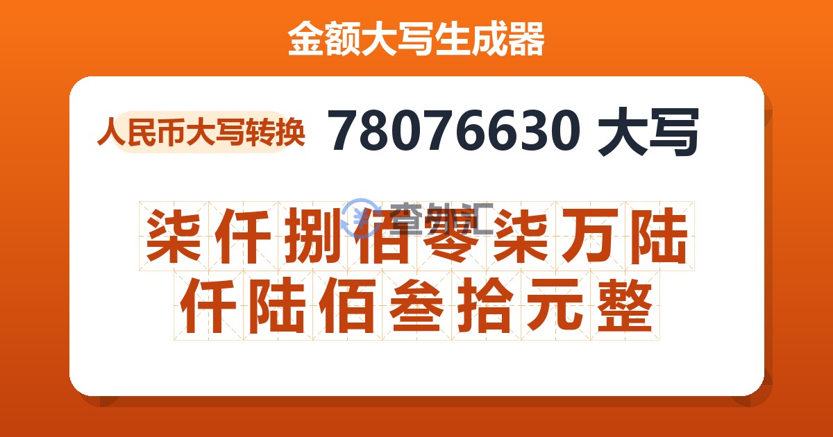 78076630大写 柒仟捌佰零柒万陆仟陆佰叁拾元整