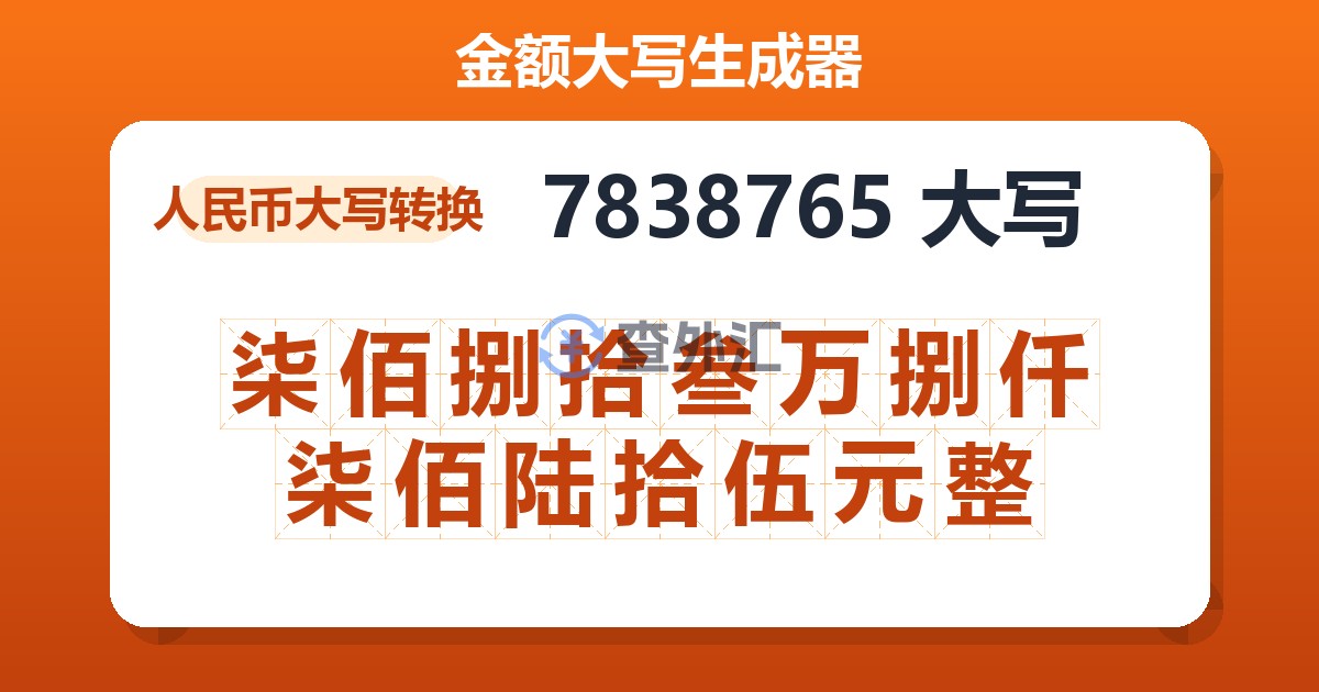 7838765大写 柒佰捌拾叁万捌仟柒佰陆拾伍元整