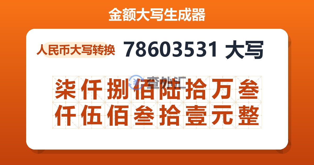 78603531大写 柒仟捌佰陆拾万叁仟伍佰叁拾壹元整