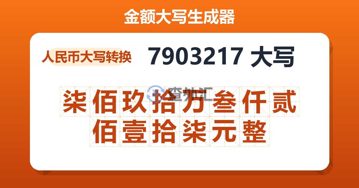 7903217大写 柒佰玖拾万叁仟贰佰壹拾柒元整