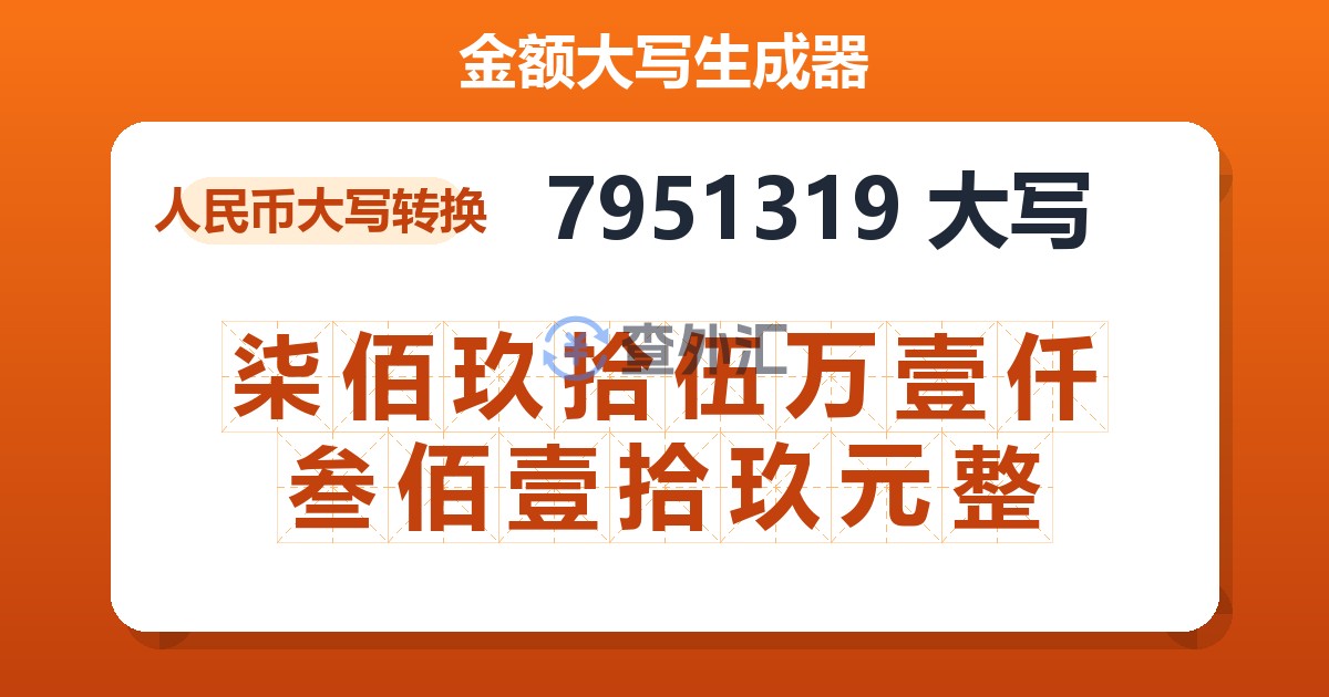 7951319大写 柒佰玖拾伍万壹仟叁佰壹拾玖元整