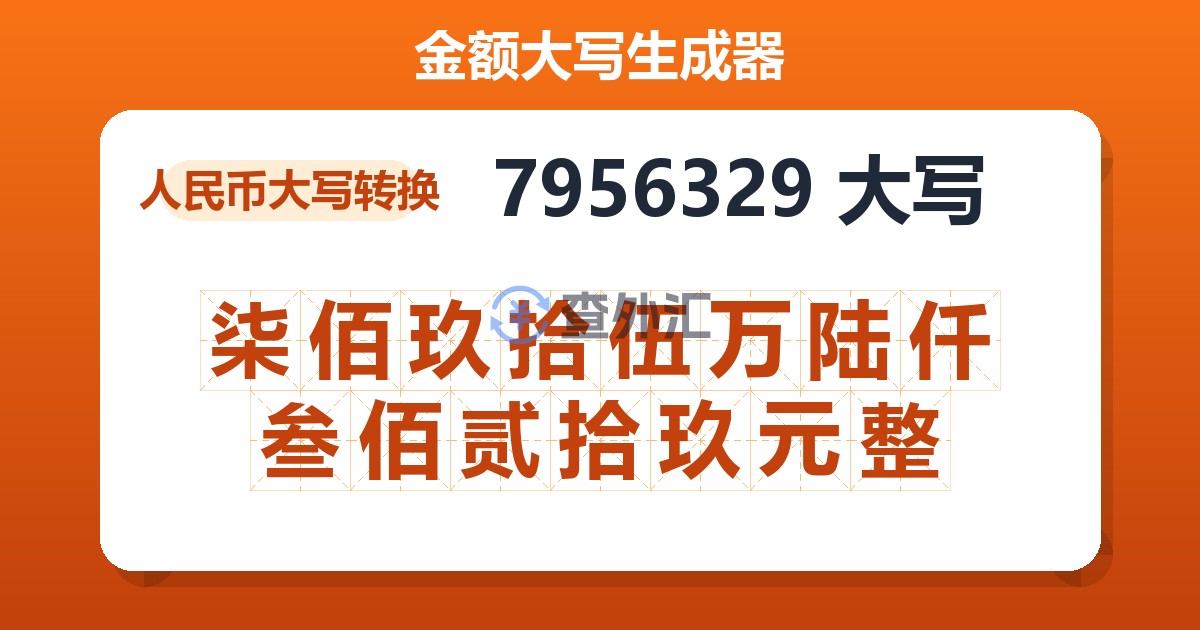 7956329大写 柒佰玖拾伍万陆仟叁佰贰拾玖元整