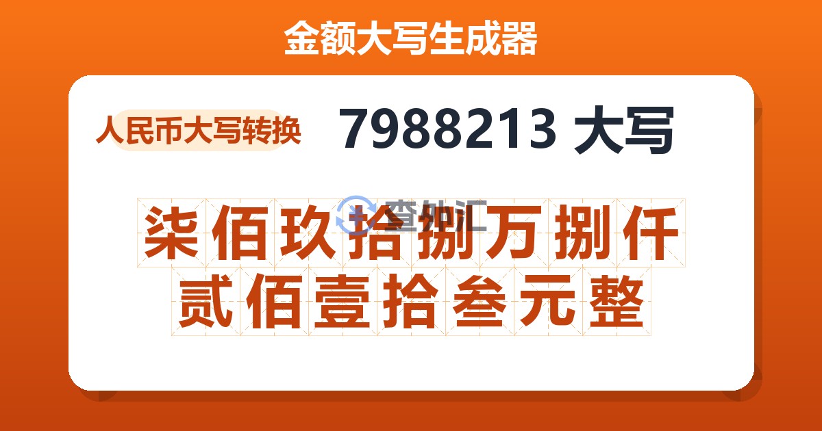 7988213大写 柒佰玖拾捌万捌仟贰佰壹拾叁元整