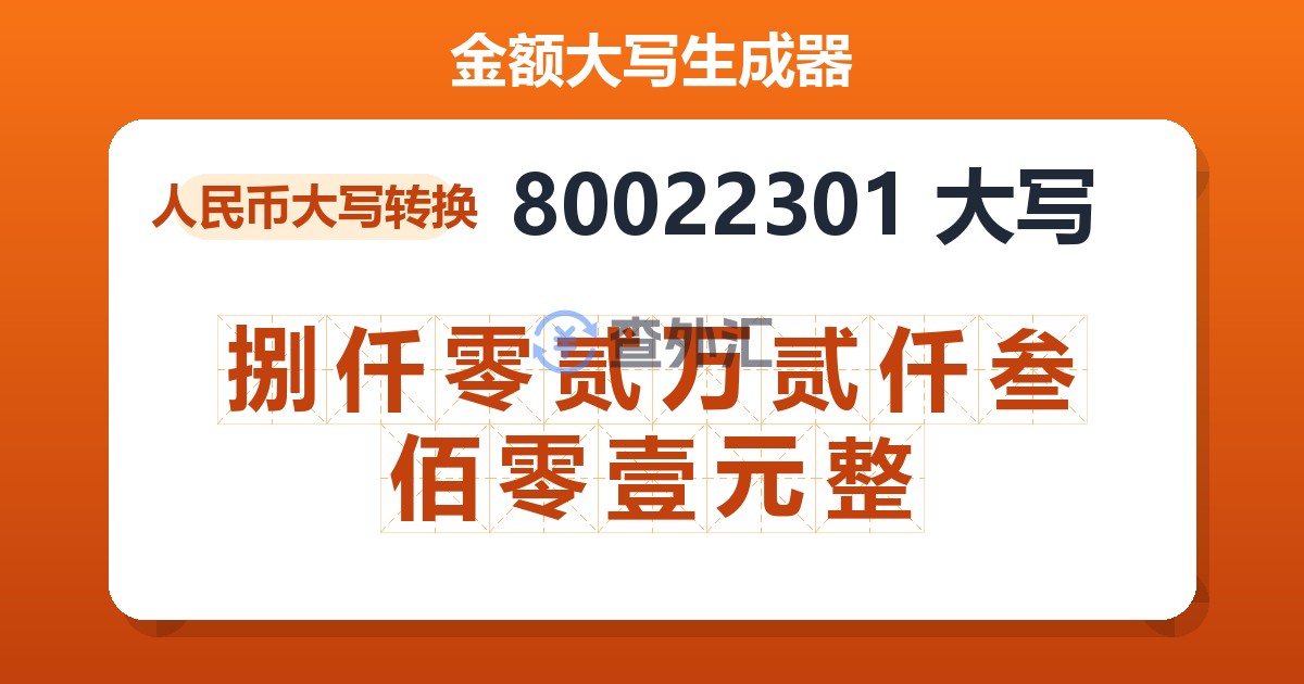 80022301大写 捌仟零贰万贰仟叁佰零壹元整
