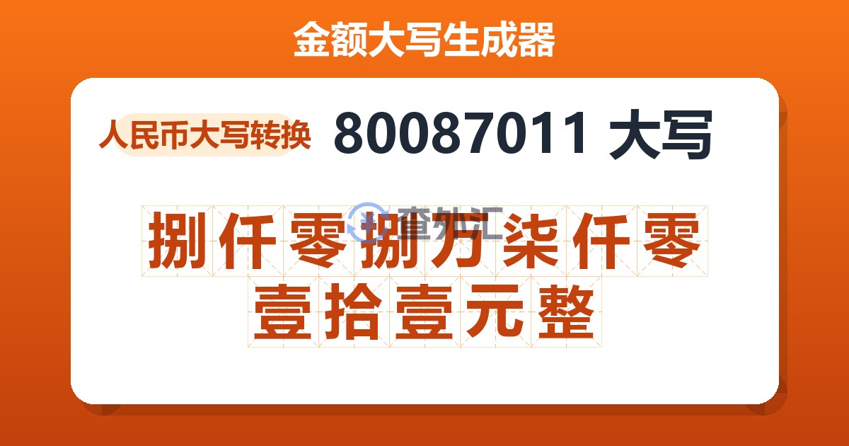 80087011大写 捌仟零捌万柒仟零壹拾壹元整