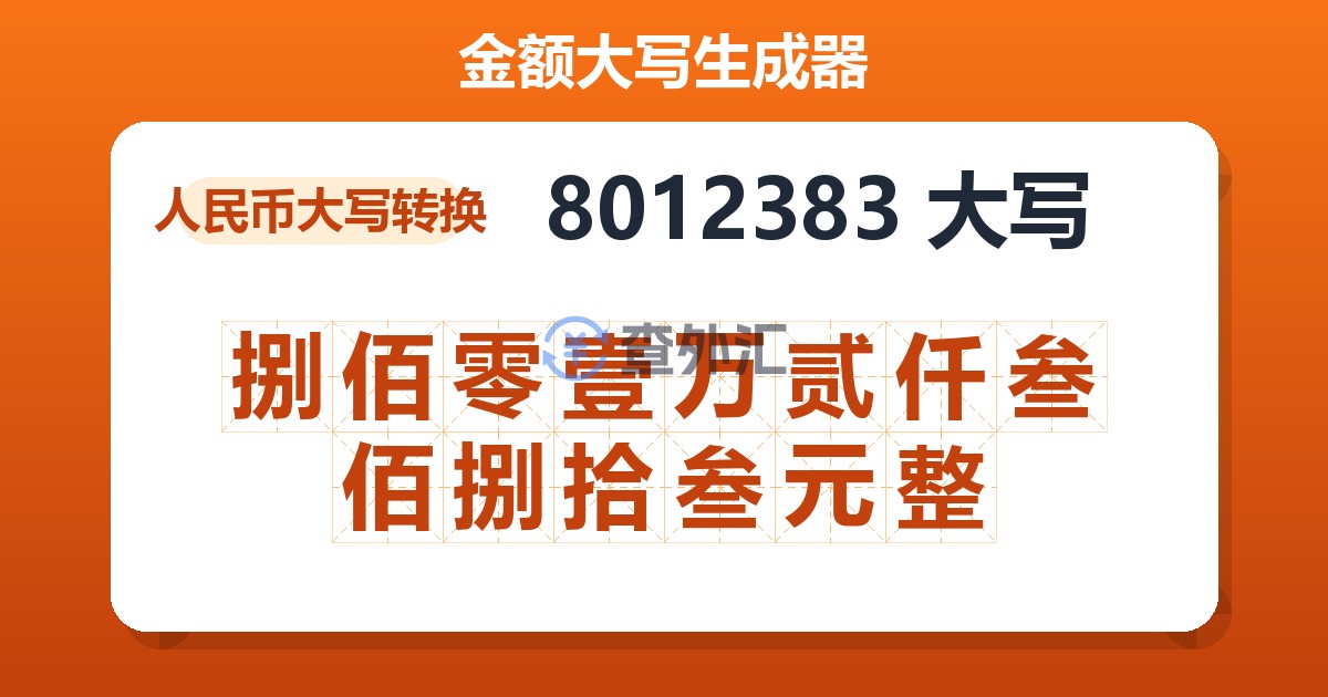 8012383大写 捌佰零壹万贰仟叁佰捌拾叁元整