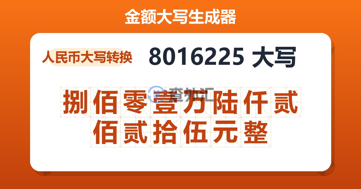 8016225大写 捌佰零壹万陆仟贰佰贰拾伍元整