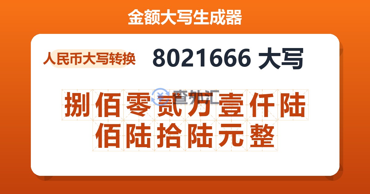 8021666大写 捌佰零贰万壹仟陆佰陆拾陆元整