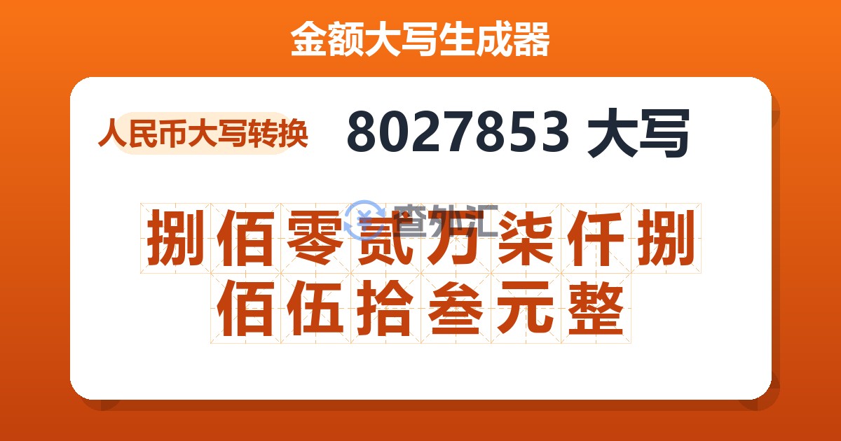 8027853大写 捌佰零贰万柒仟捌佰伍拾叁元整