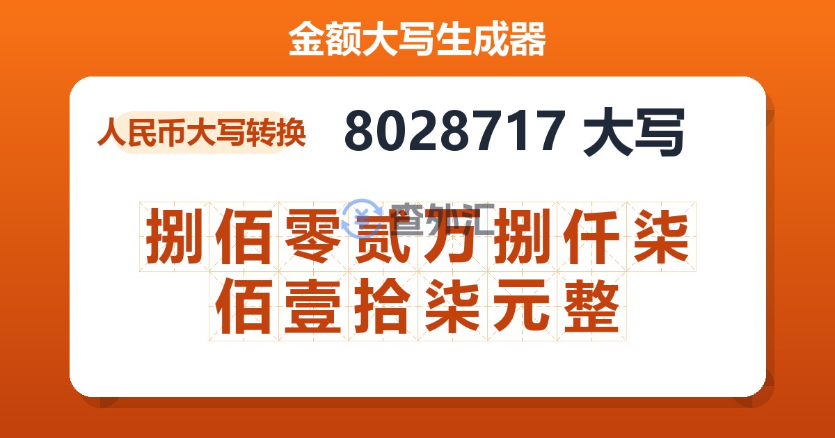 8028717大写 捌佰零贰万捌仟柒佰壹拾柒元整
