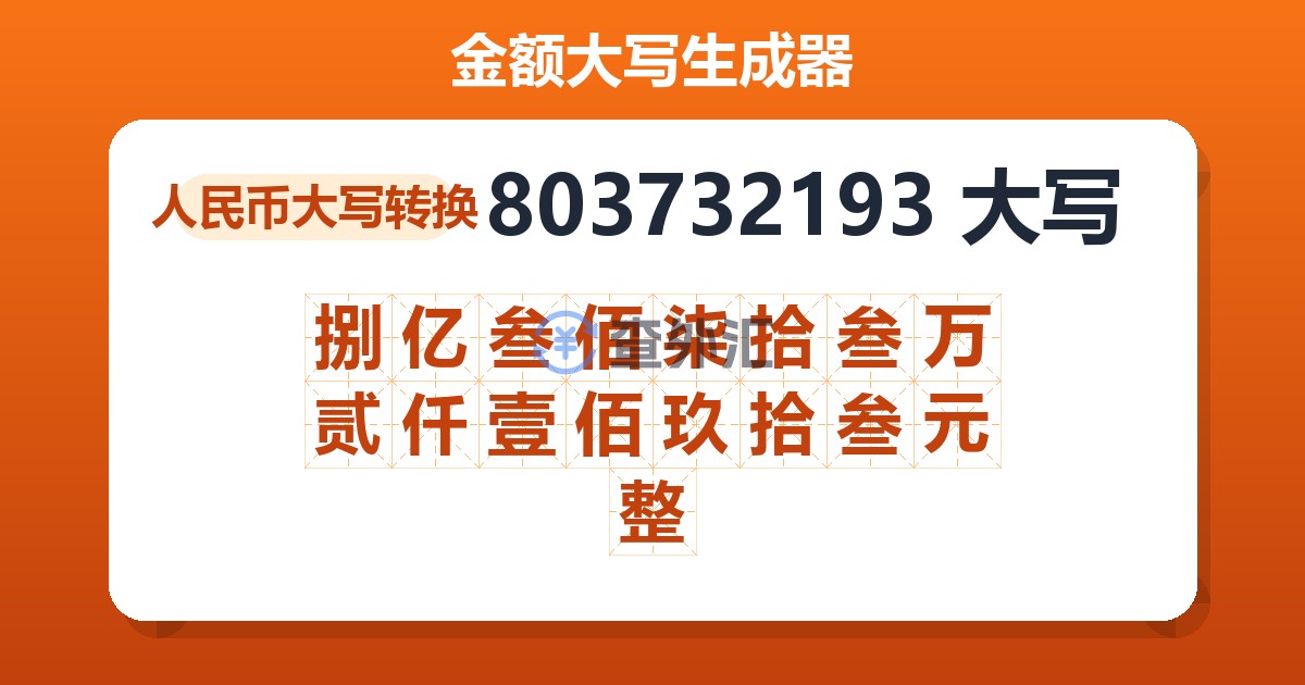 803732193大写 捌亿叁佰柒拾叁万贰仟壹佰玖拾叁元整