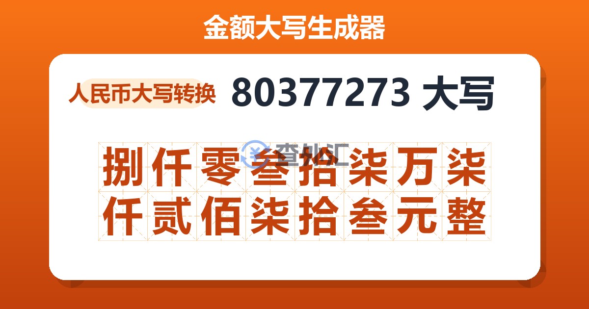 80377273大写 捌仟零叁拾柒万柒仟贰佰柒拾叁元整