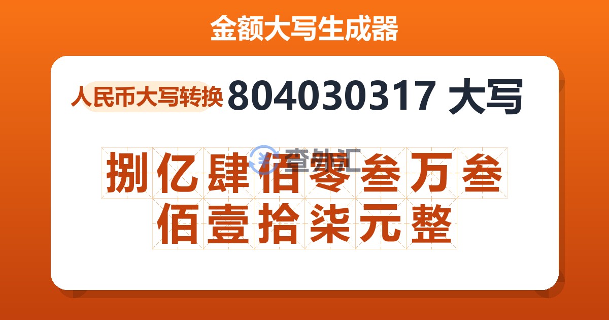 804030317大写 捌亿肆佰零叁万叁佰壹拾柒元整