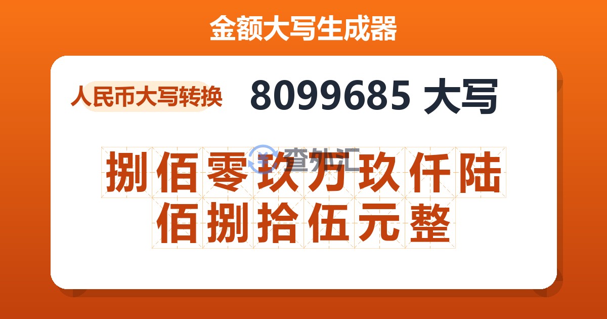 8099685大写 捌佰零玖万玖仟陆佰捌拾伍元整