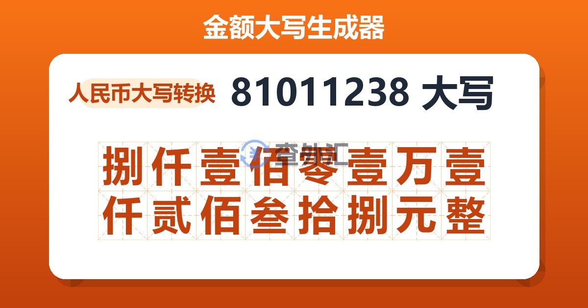 81011238大写 捌仟壹佰零壹万壹仟贰佰叁拾捌元整