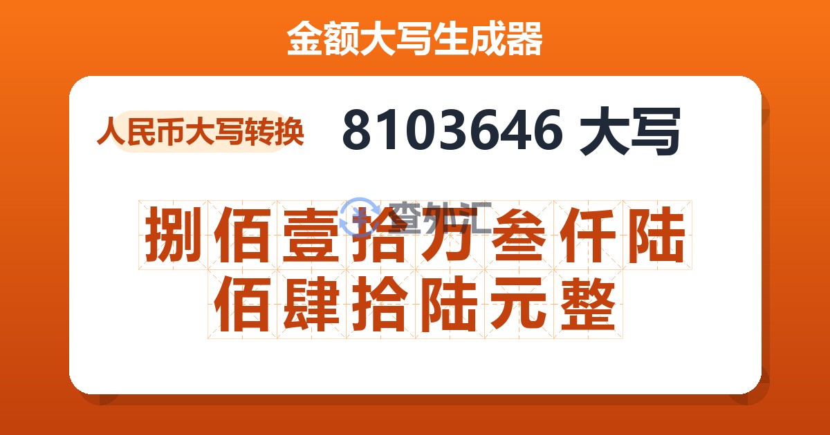 8103646大写 捌佰壹拾万叁仟陆佰肆拾陆元整
