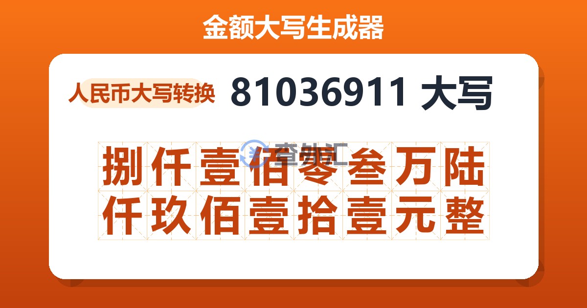 81036911大写 捌仟壹佰零叁万陆仟玖佰壹拾壹元整