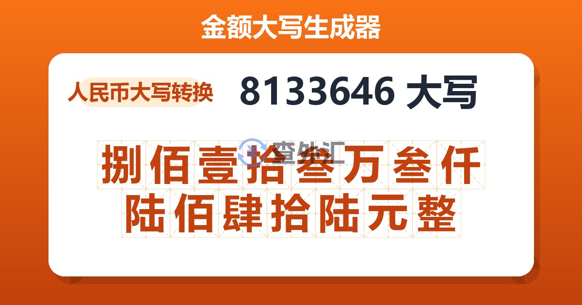 8133646大写 捌佰壹拾叁万叁仟陆佰肆拾陆元整
