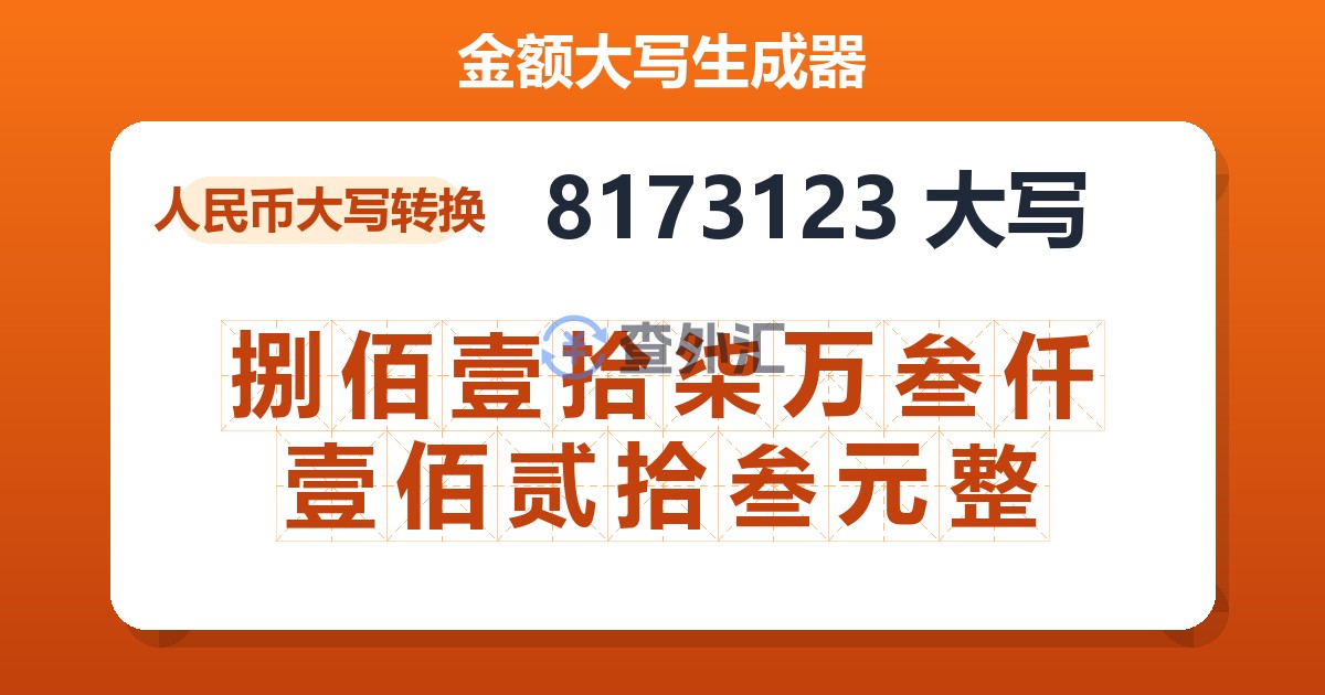 8173123大写 捌佰壹拾柒万叁仟壹佰贰拾叁元整