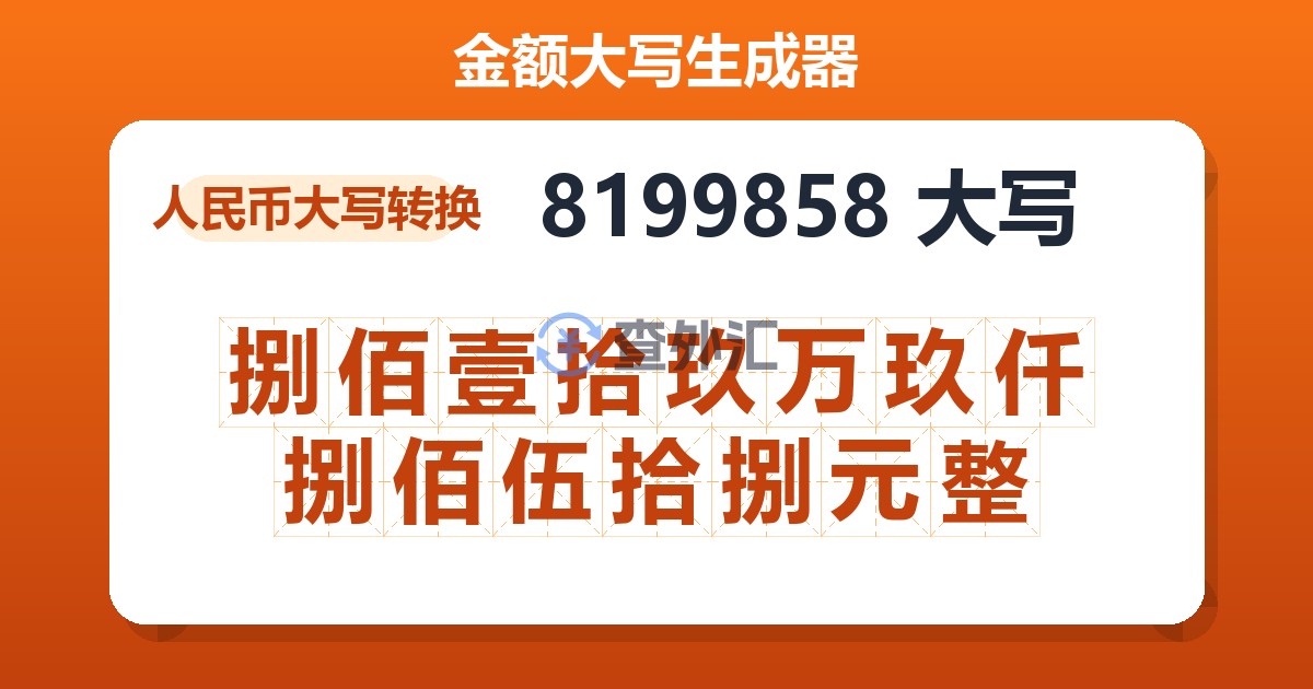 8199858大写 捌佰壹拾玖万玖仟捌佰伍拾捌元整