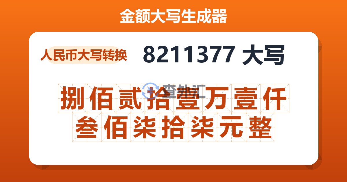 8211377大写 捌佰贰拾壹万壹仟叁佰柒拾柒元整