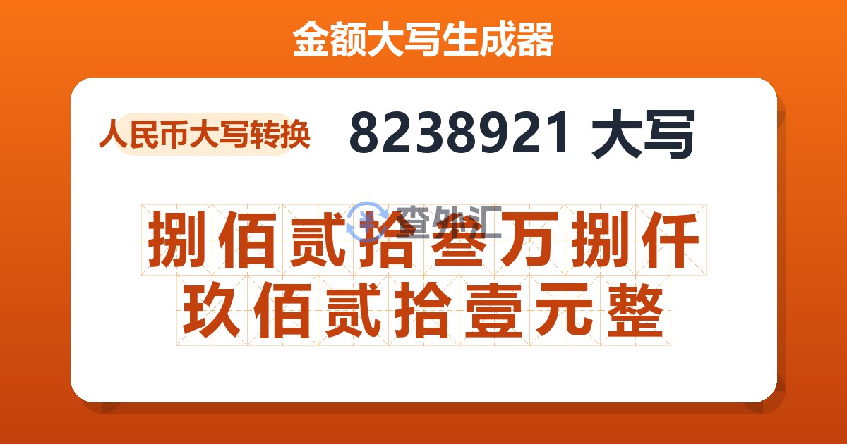 8238921大写 捌佰贰拾叁万捌仟玖佰贰拾壹元整