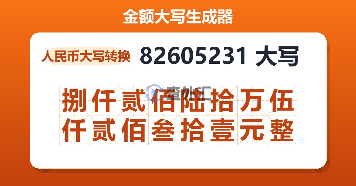 82605231大写 捌仟贰佰陆拾万伍仟贰佰叁拾壹元整