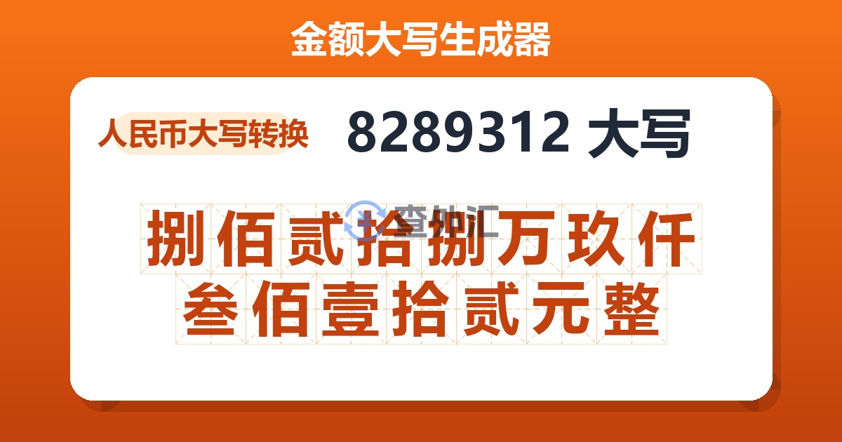 8289312大写 捌佰贰拾捌万玖仟叁佰壹拾贰元整