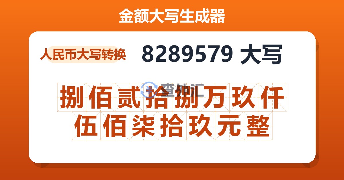 8289579大写 捌佰贰拾捌万玖仟伍佰柒拾玖元整