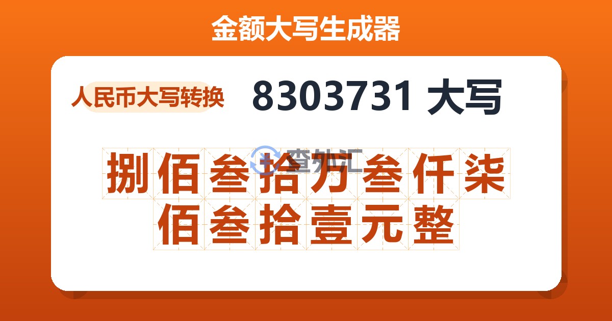 8303731大写 捌佰叁拾万叁仟柒佰叁拾壹元整