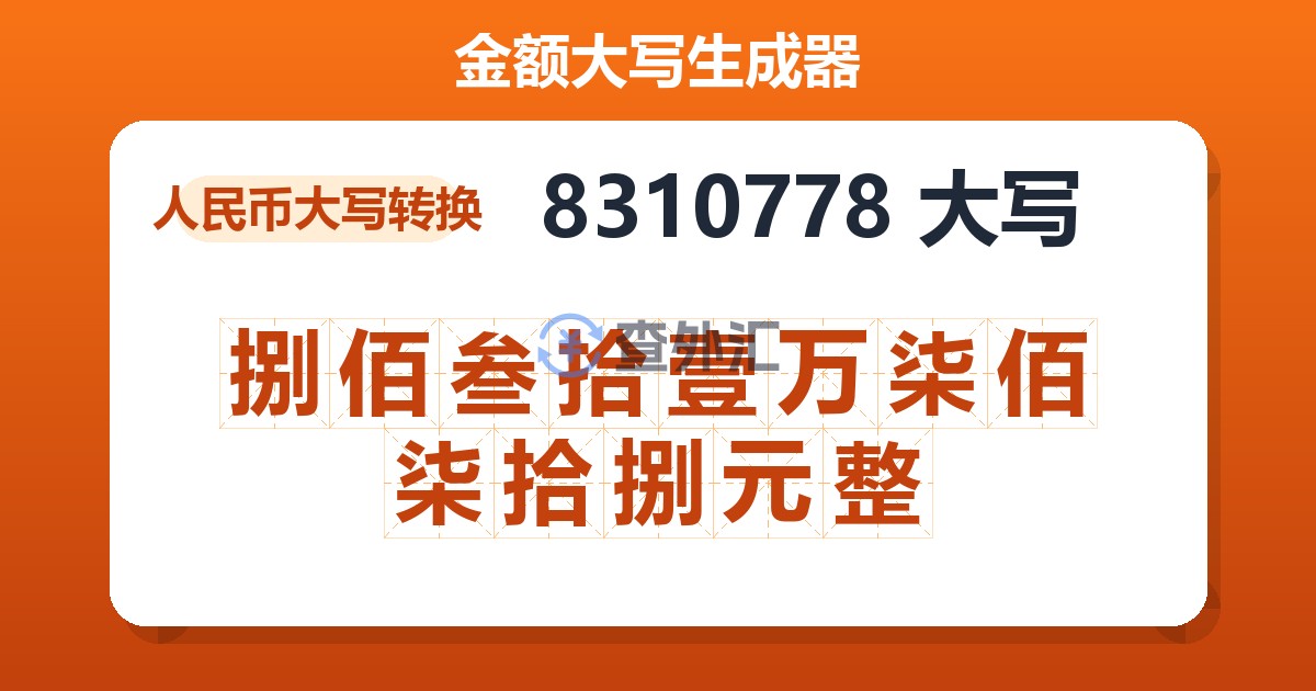 8310778大写 捌佰叁拾壹万柒佰柒拾捌元整