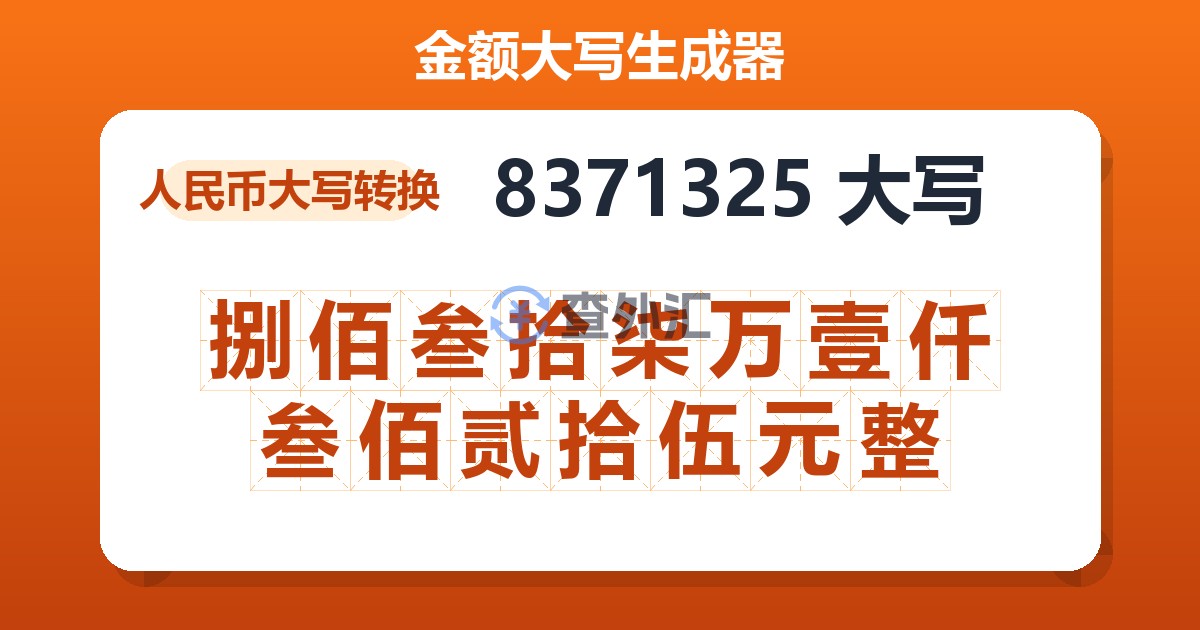 8371325大写 捌佰叁拾柒万壹仟叁佰贰拾伍元整